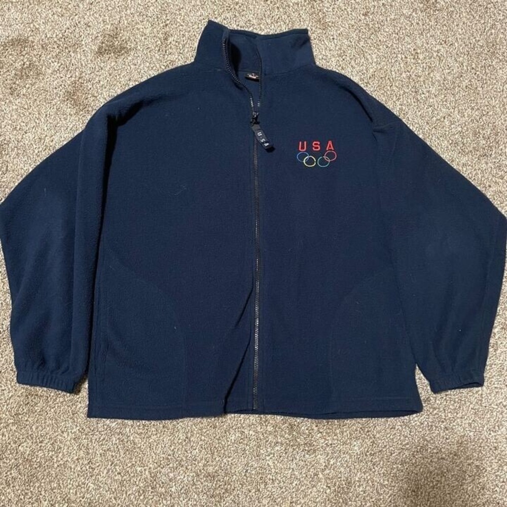 Vintage USA Olympic Games Fleece Jacket Navy Blue Full Zip Mens Med Made in USA
